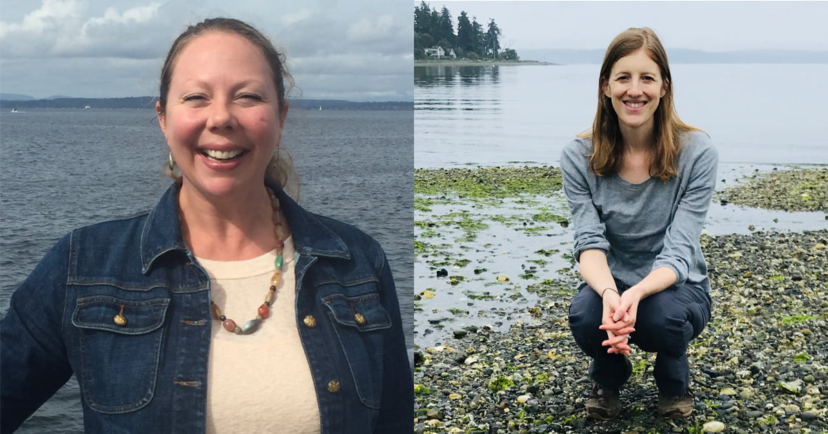 Nicole Killebrew smiling with the ocean behind her and Nora Nickum smiling while kneeling on a rocky beach with the ocean behind her.