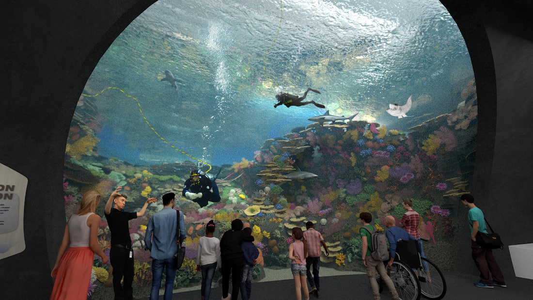 Rendering depicting guests in front of a future habitat in the Ocean Pavilion named The Reef, a large habitat with a viewing window into an undersea canyon filled with different species of coral.