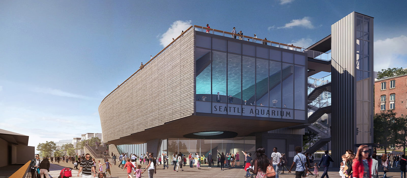 Rendering of the front exterior of the future Ocean Pavilion viewed from the waterfront walkway.