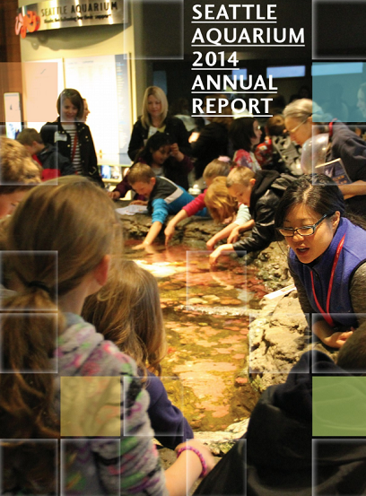 A photo of aquarium guests interacting with marine animals in the touch pools. Text in the top right corner reads "Seattle Aquarium 2014 Annual Report."