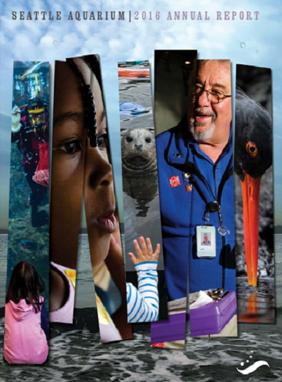 A collage of several photos of Seattle Aquarium guests, volunteers, and animals. Text above this collage reads "Seattle Aquarium 2016 Annual Report." The Seattle Aquarium logo is in the bottom right corner.