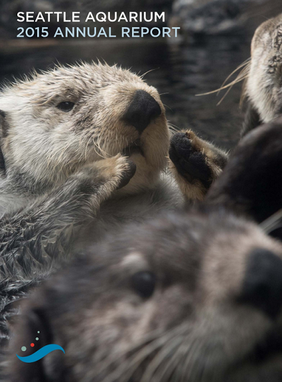 A photo of several sea otters floating on their backs. Text in the top left corner reads "Seattle Aquarium 2015 Annual Report." The old Seattle Aquarium logo is in the bottom left corner.