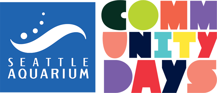 The Seattle Aquarium logo with the phrase "Community Days" in large, multi-colored letters on its right.