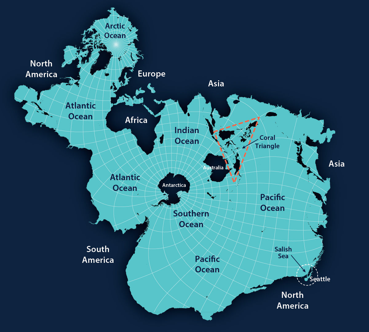 A map of the world with Antarctica at its center; the ocean, rather than continents, is highlighted. Seattle's location in the bottom right corner of the map is circled and labeled "Salish Sea." The Coral Triangle, a region of the ocean encompassing the Philippines, Indonesia, Malaysia, Papua New Guinea, the Solomon Islands and Timor-Leste is outlined in an orange triangle.