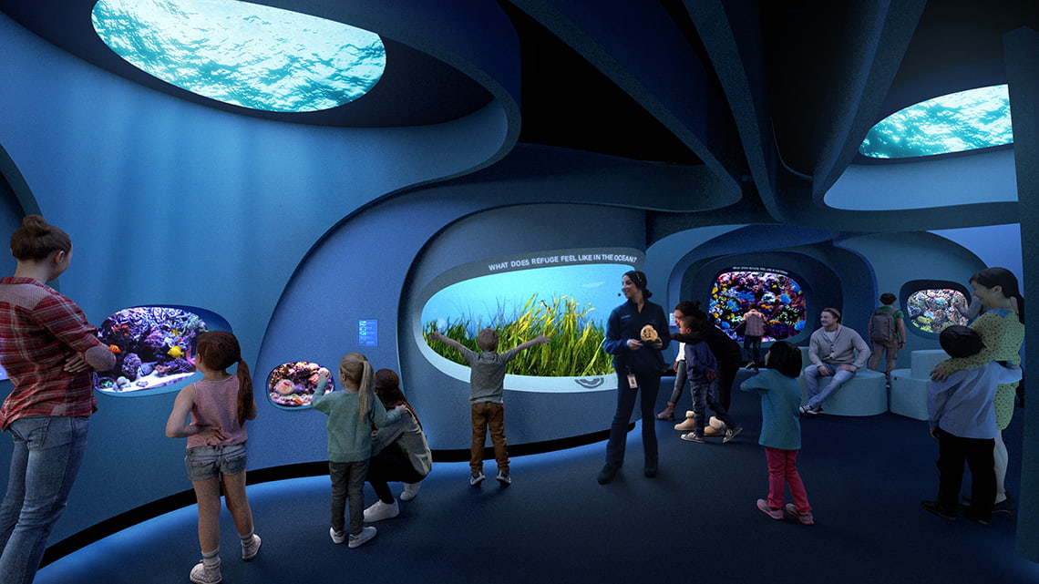 Rendering depicting guests viewing different animal habitats in the future Ocean Pavilion.