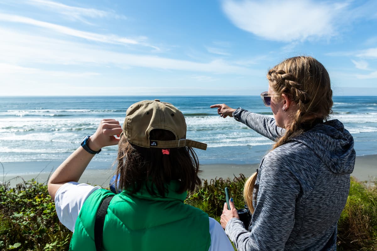 Two researchers stand on a beach overlooking the ocean searching for sea otters.