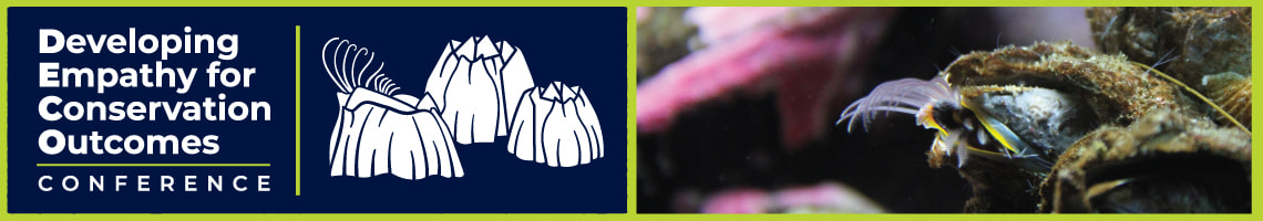 A dark blue banner that includes, from left to right, the text "Developing Empathy for Conservation Outcomes Conference," An illustration of three barnacles, and a photo of a barnacle.