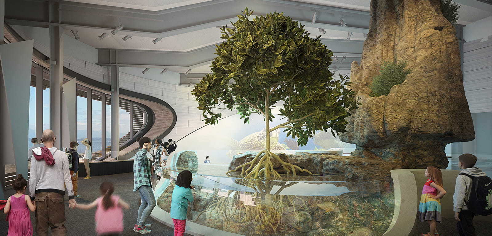 A rendering of the future Archipelago exhibit at Ocean Pavilion. The exhibit consists of a tall, rocky structure and a large mangrove tree creating a habitat for fish.