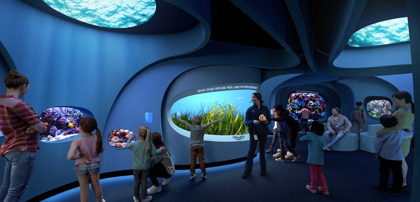 A rendering of the future At Home in the Ocean exhibit at Ocean Pavilion. Children admire numerous oblong habitats that showcase seagrass, coral, anemones, and fish.