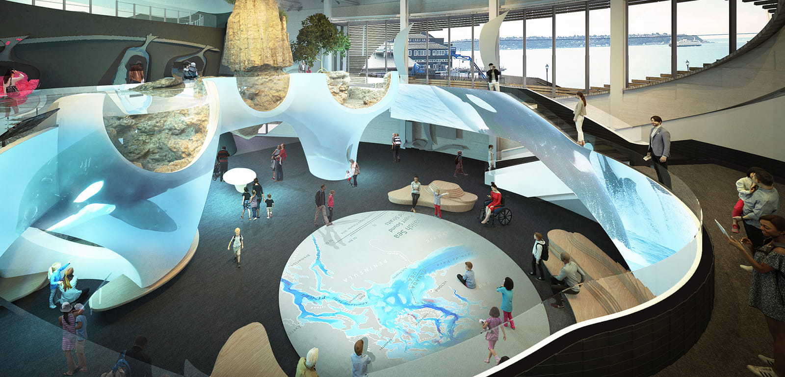 A rendering of the future One Ocean Hall at Ocean Pavilion. A map of the Salish Sea decorates the floor of the first level. The second level contains trees and circular habitats.