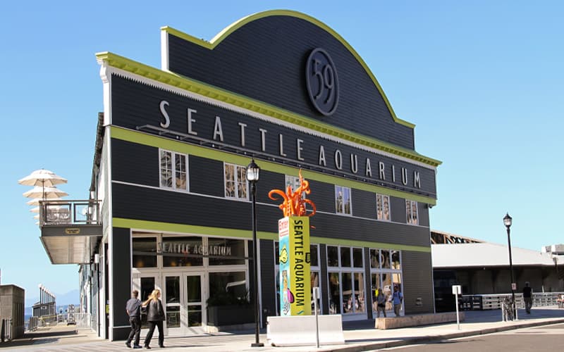 The front of Seattle Aquarium's Pier 59 building on a sunny day.