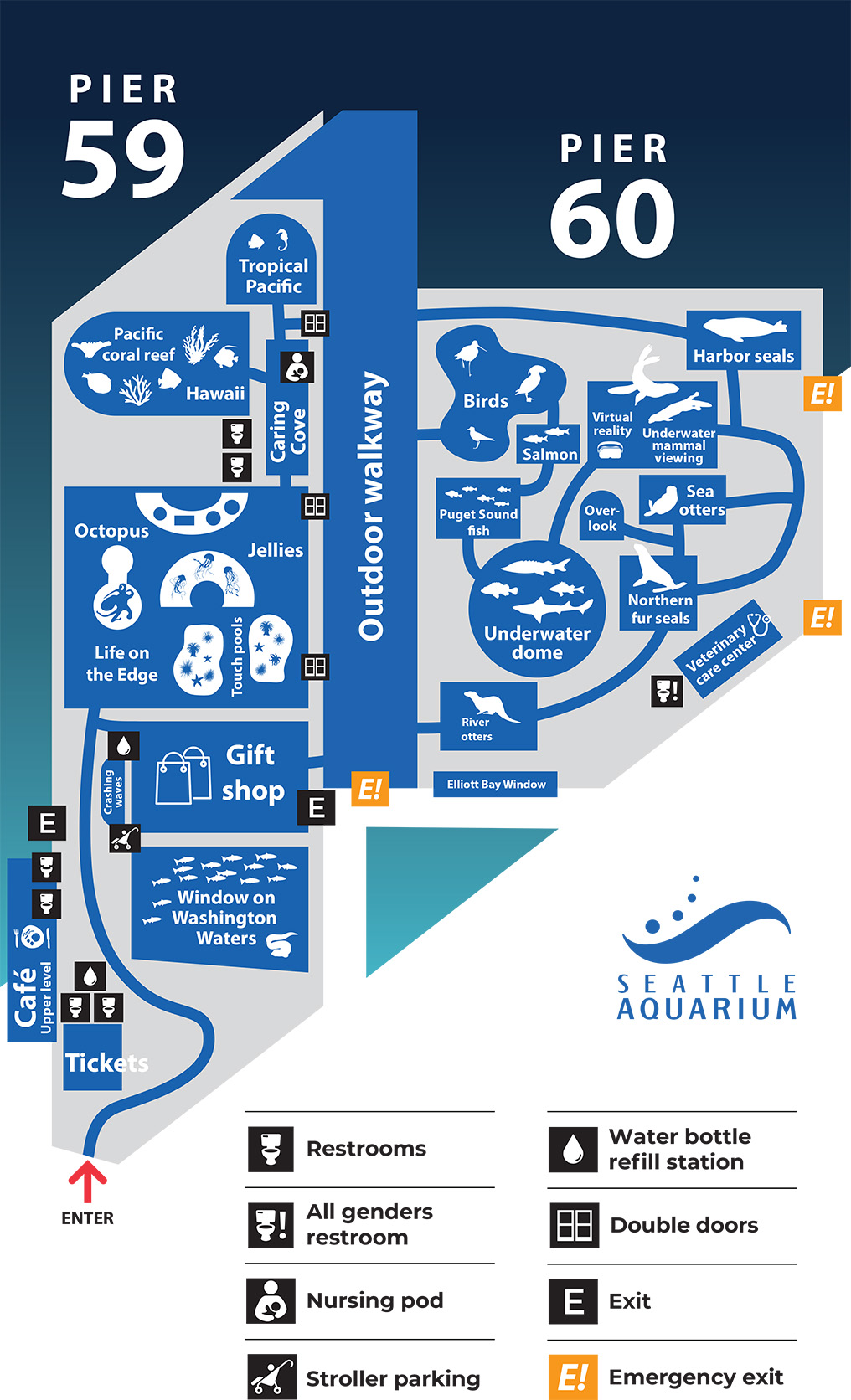 Map of the Seattle Aquarium facility layout across the Pier 59 and Pier 60 buildings.