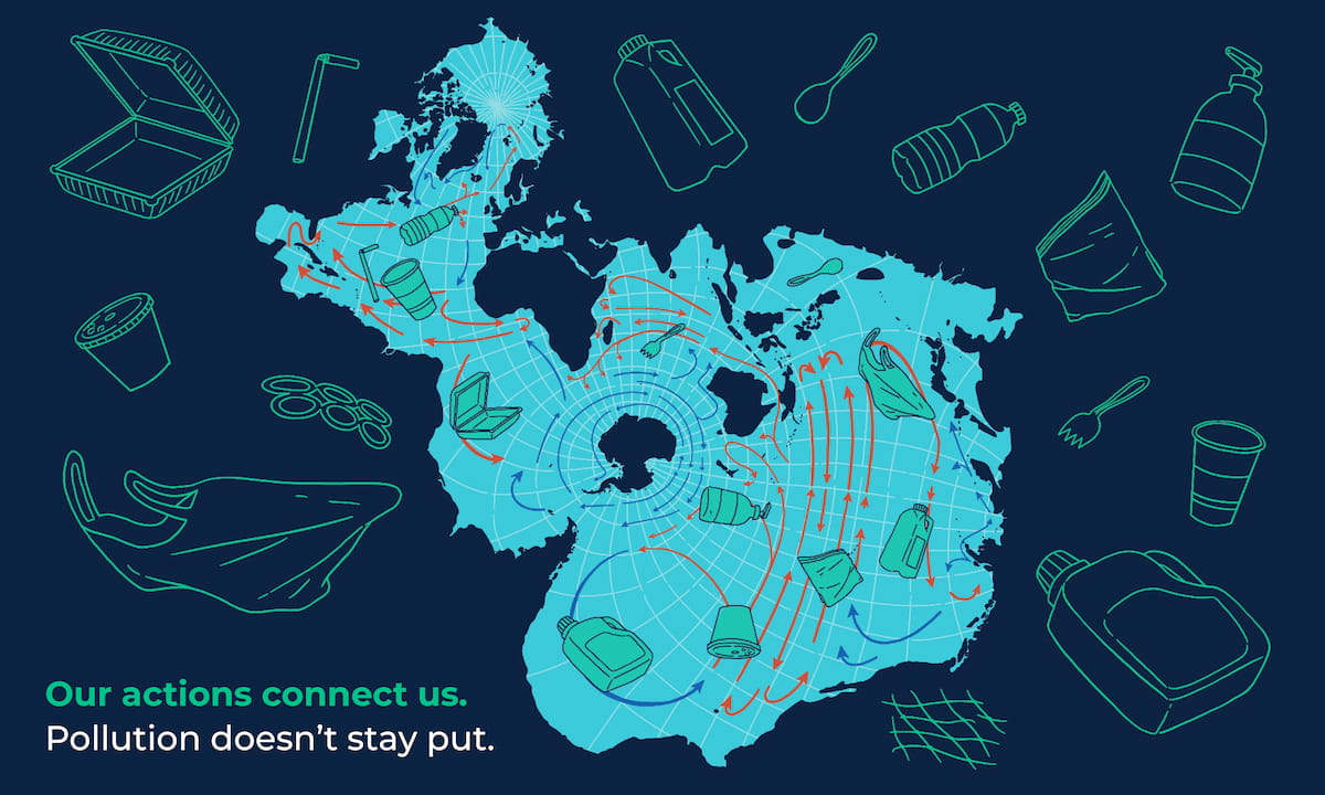 An illustration of the Spilhaus projection, an alternative world map that centers our ocean instead of landmasses. The map is surrounded by simple line illustrations of plastic pollutants like straws, water bottles, and disposable bags and silverware. Text in the bottom left corner reads "Our actions connect us. Pollution doesn't stay put."