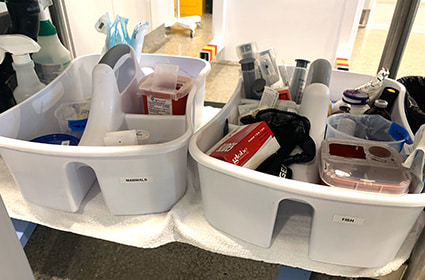 Two white plastic totes filled with veterinary supplies, one labeled mammals, the other labeled fish.