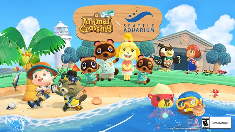 Animal Crossing New Horizons x Seattle Aquarium. Different characters from the Animal Crossing New Horizons game on the Nintendo Switch system standing along beach scenery featured in the game.