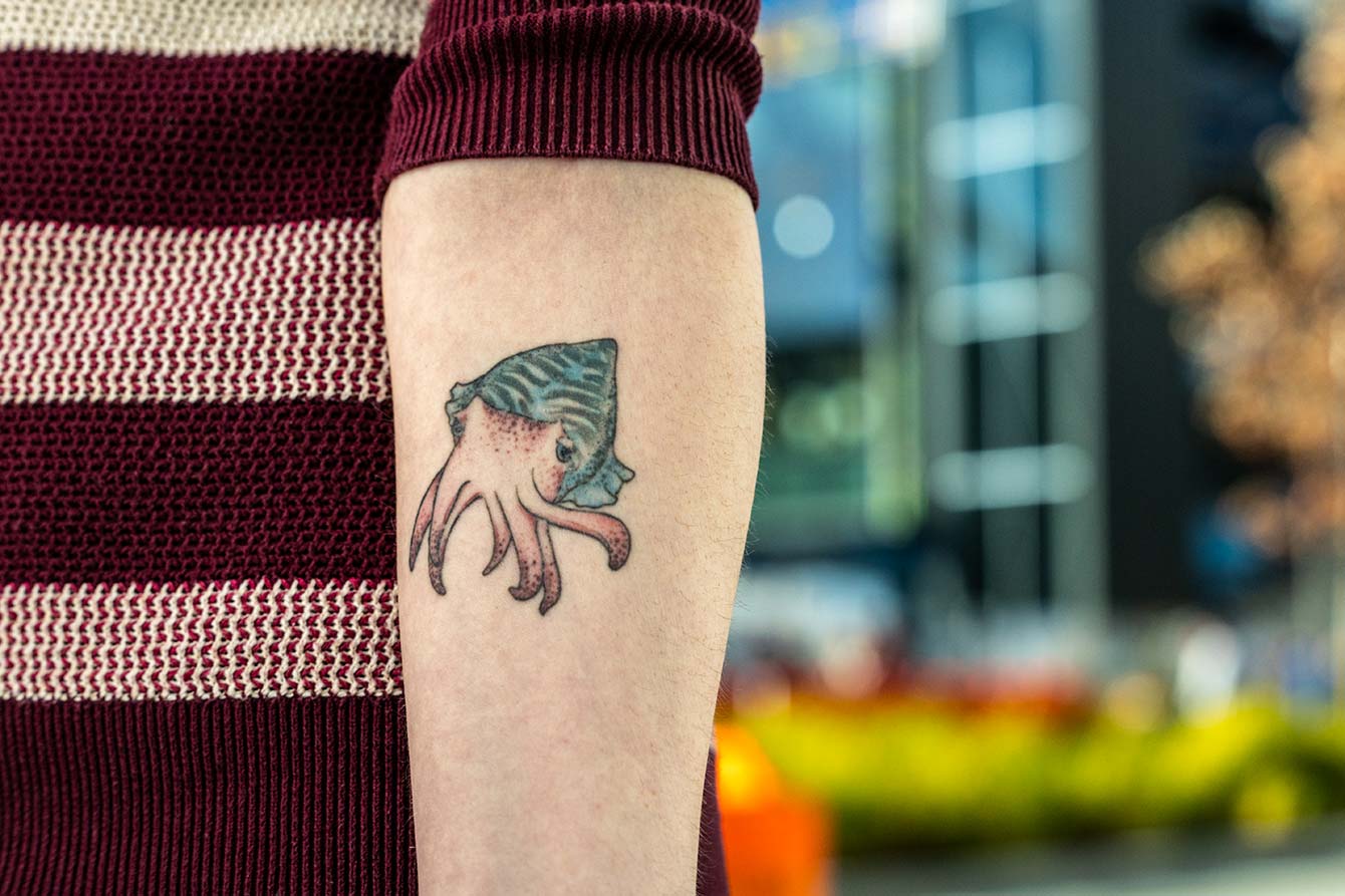 A close-up of Jessica's tattoo: a cuttlefish with a pink, spotted head and a blue, striped body.
