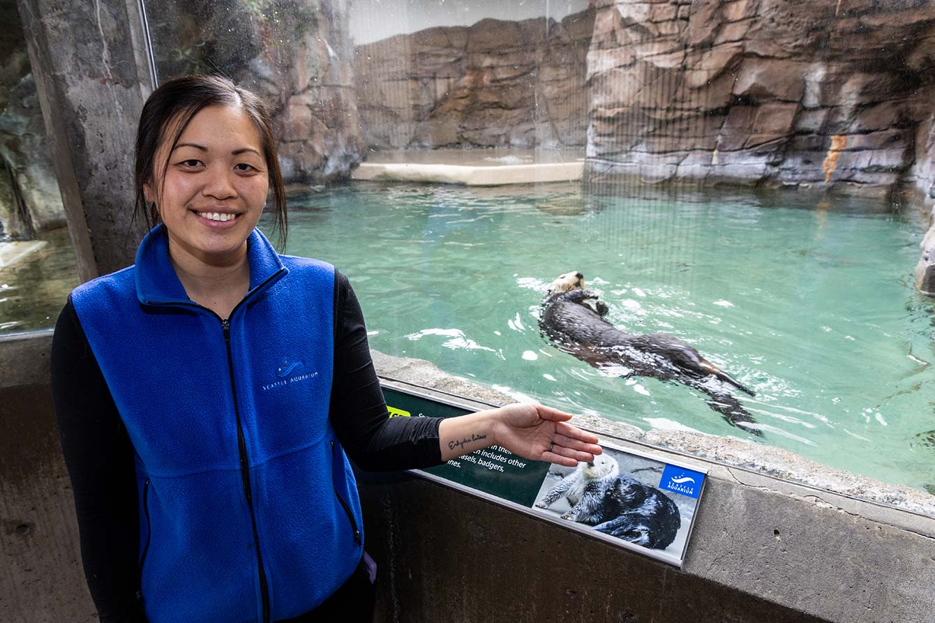 Kelli Lee standing in front of the Seattle Aquarium's sea otter habitat; Sekiu the sea otter can be seen swimming in the background. Kelli has dark hair and wears a blue Seattle Aquarium vest. She is holding up her left wrist, which has "Enhydra lutris" tattooed on it.