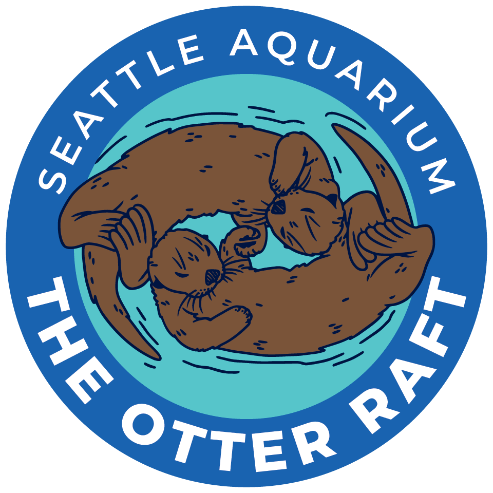 An illustration of two sea otters holding hands while swimming on their backs. They are surrounded by a blue circle with the text "Seattle Aquarium: The Otter Raft."
