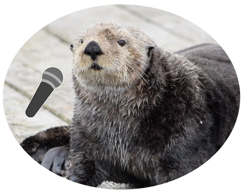 Photo of a sea otter on land, with its head lifted up. and an illustrated microphone superimposed next to the otter's mouth.