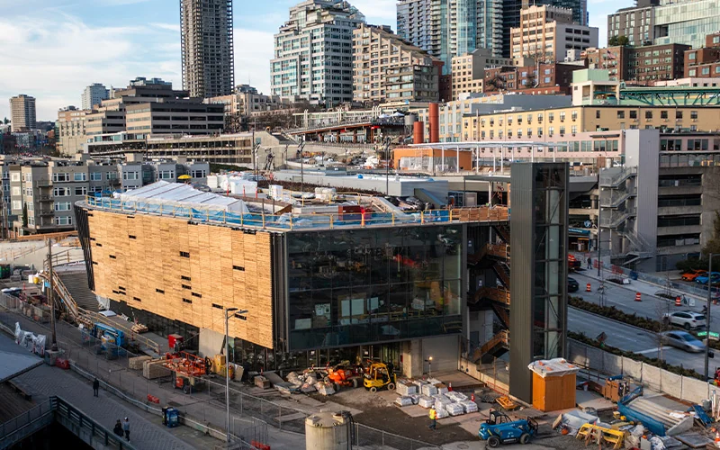 Exterior of the Seattle Aquarium's new Ocean Pavilion building while under construction.
