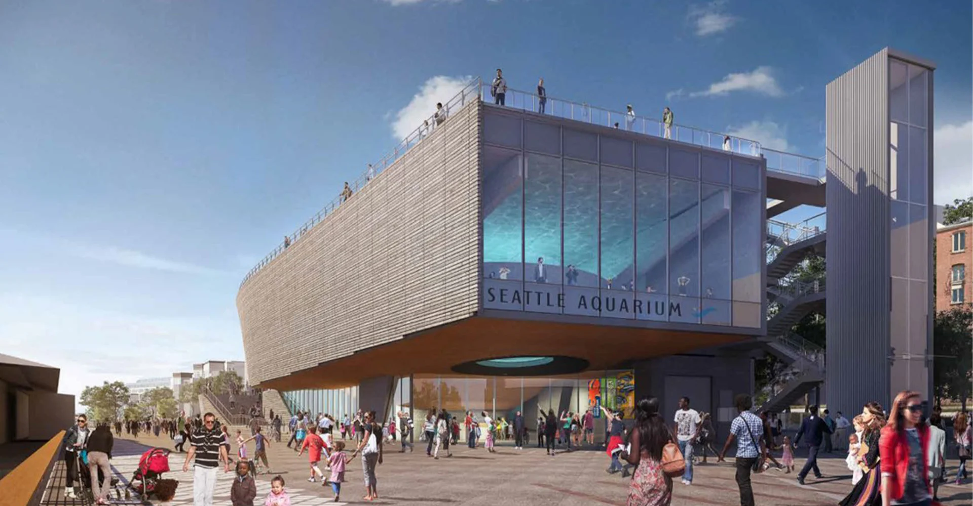 Exterior rendering of the Seattle Aquarium's new Ocean Pavilion building, with crowds of people walking in front and to the side of the building, as viewed from the walkway outside the front of the building.