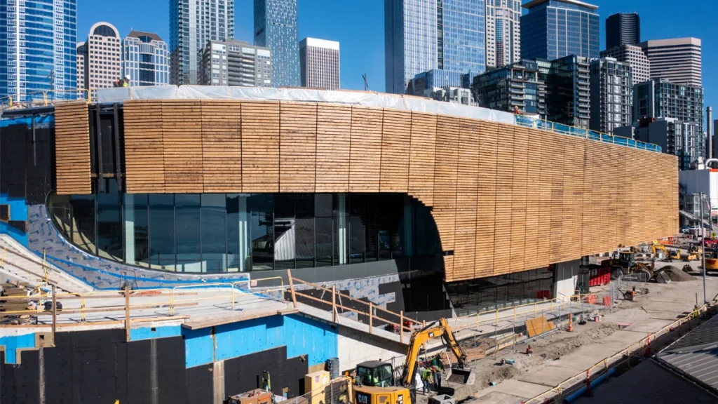 Exterior of the Seattle Aquarium's new Ocean Pavilion, viewed from the side to showcase new cedar wood planks which cover the west side of the building.