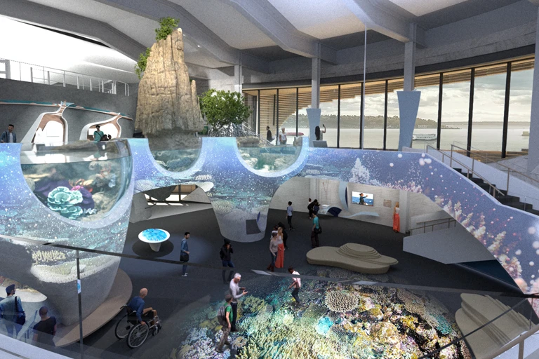 Rendering of One Ocean Hall, a new large central space inside the future Ocean Pavilion building.