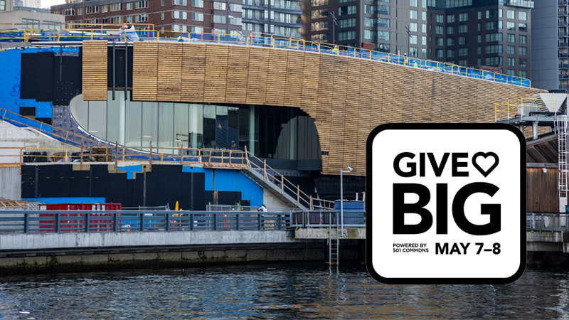 The outside of the in-progress Ocean Pavilion Building. The GiveBIG logo is in the bottom right corner.