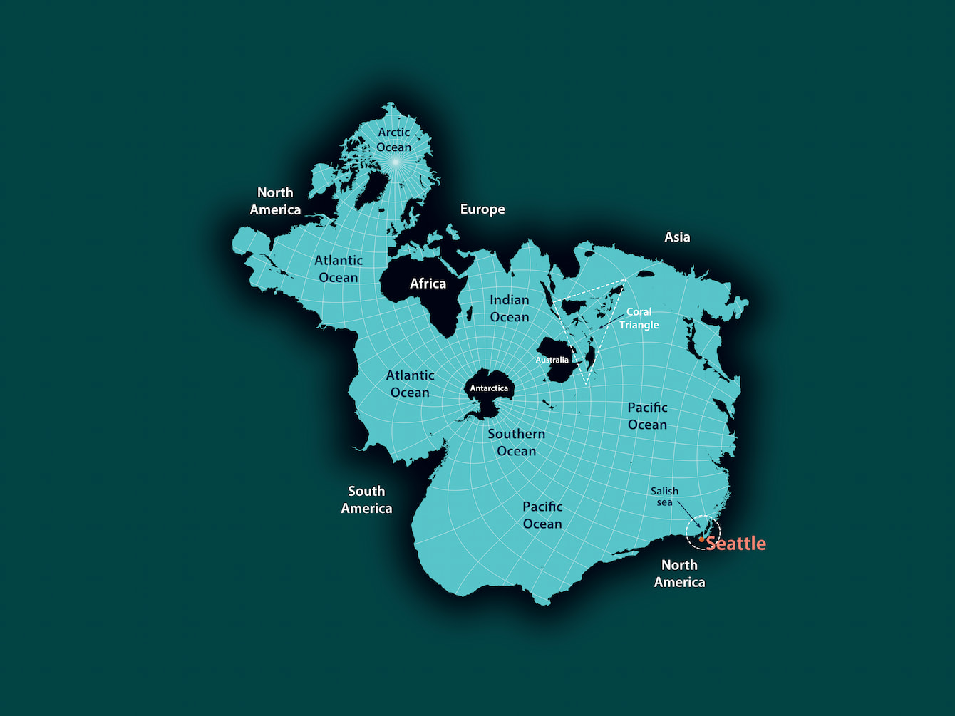 An illustration of the Spilhaus Projection, a world map that highlights the oceans instead of landmasses. All of the major oceans and continents are labelled. In the bottom right corner, the location of Seattle and the Salish Sea are circled.