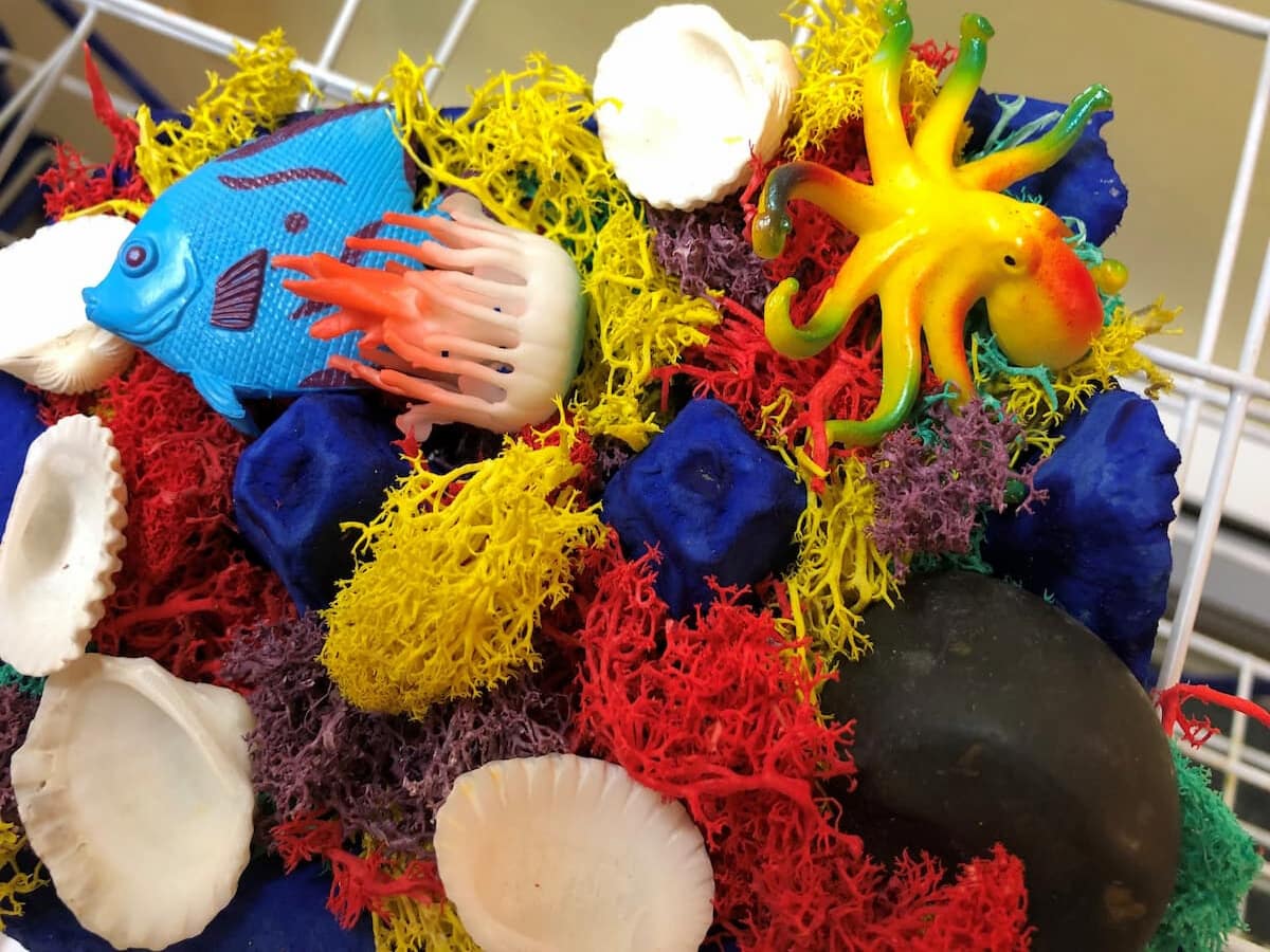 A reconstruction of a coral reef made with yarn, 3D-printed coral, rocks, shells and plastic marine animal toys.