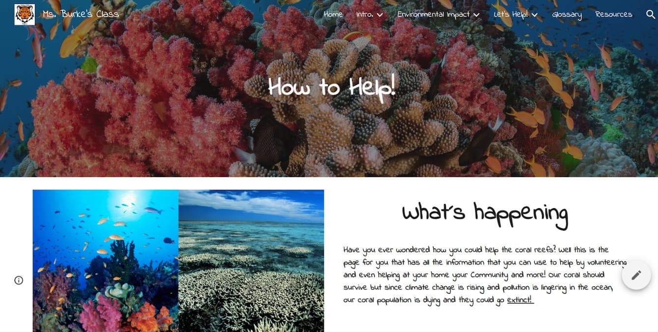 A screenshot of Talbot Elementary's coral website. The screenshot shows a page called "How to help!" with information about the current state of coral reefs.