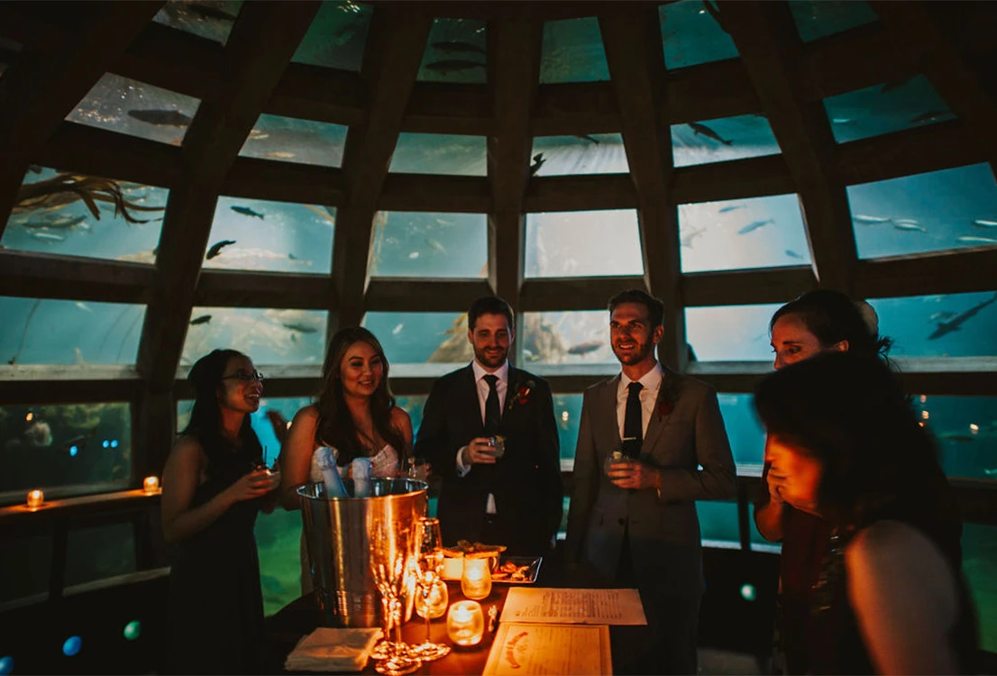 A group of adults, all wearing former attire standing in the Underwater Dome area of the Seattle Aquarium. They are holding drinks as if participating in a toast. A table with candles, food, and various items is in front of them.