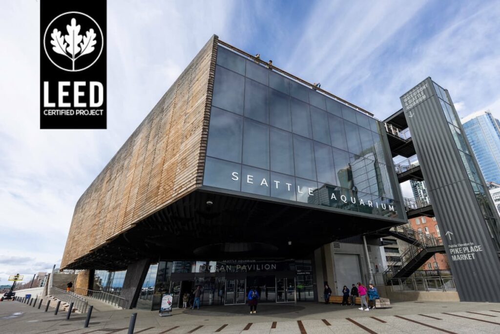 The Ocean Pavilion's exterior. The LEED logo is in the top left corner.