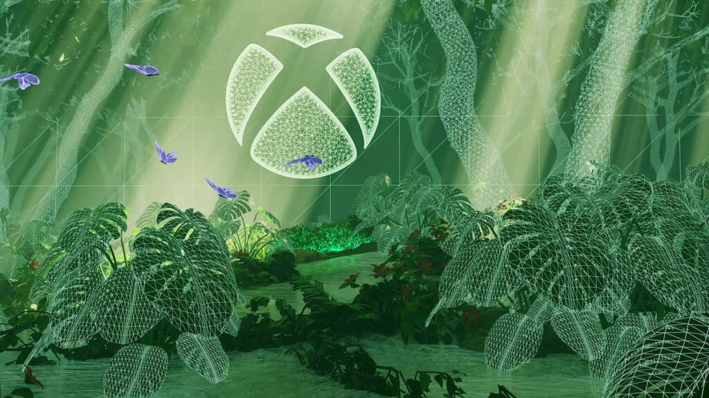 The XBOX logo superimposed over a green illustration of plants.