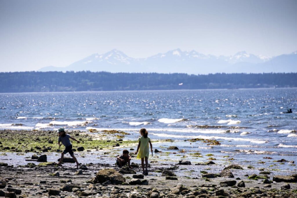 Three children playing on a beach.