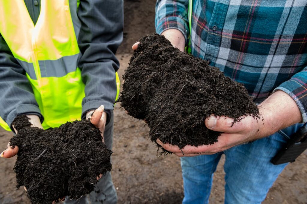 Two people holding large clumps of composted material in their hands.