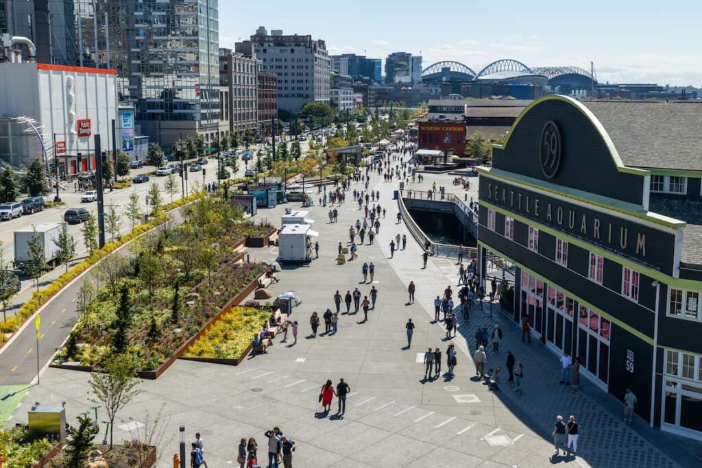 The Seattle waterfront as seen facing south from the roof of the Ocean Pavilion.