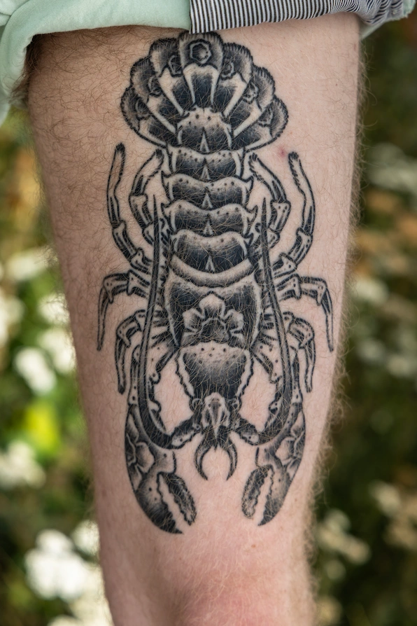 Christopher's tattoo of a spiny lobster located on his left thigh.