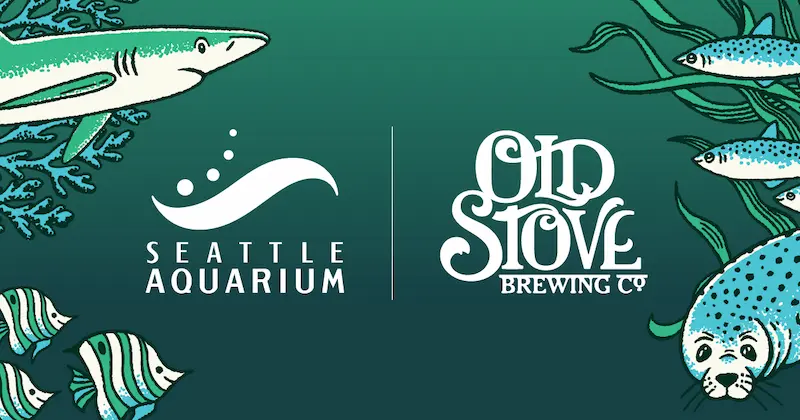 Seattle Aquarium and Old Stove Brewing logos along with illustrations of sharks, tropical fish, salmon, and a harbor seal.