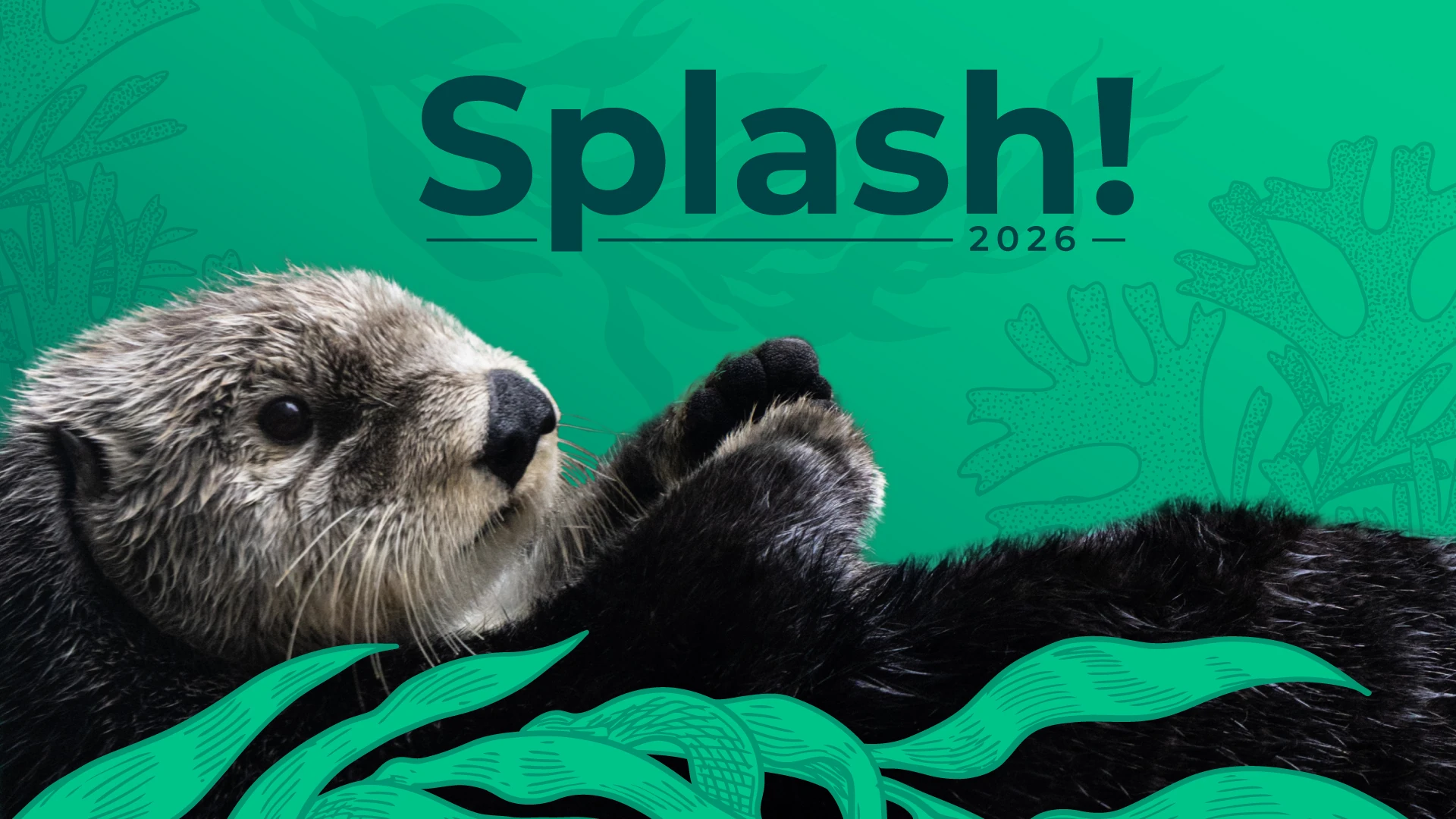 Splash! 2026 - photo of a sea otter floating on its back amongst illustrated kelp and against an illustrated coral background.