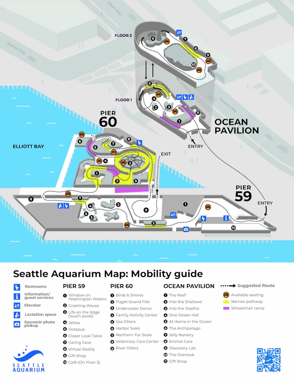 Map of Seattle Aquarium's campus, made up of three buildings. Pier 59, Pier 60 and the Ocean Pavilion. The map highlights certain areas where there is available seating, where there are narrow pathways, and where wheelchair ramps are available.